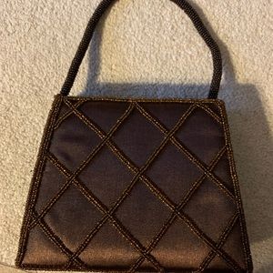 Brown Satin beaded evening bag
